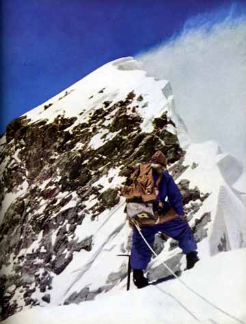 
Tom Bourdillon and Charles Evans reached the Everest South Summit on May 26, 1953. Charles Evans is looking for the first time at the final ridge which leads to the top of Mount Everest. - The Picture Of Everest book
